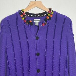 Berek VTG Womens Cardigan Sweater M Purple Pom Poms Artsy Whimsigoth Y2K Crochet